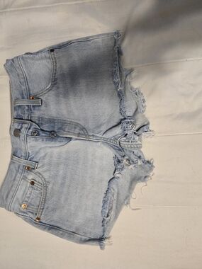 Light Blue Distressed Denim Shorts - Women's High-Rise
